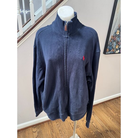 Polo Ralph Lauren Full Zip Cotton Knit Mock Neck Track Jacket Sweater Navy Large - Picture 1 of 10